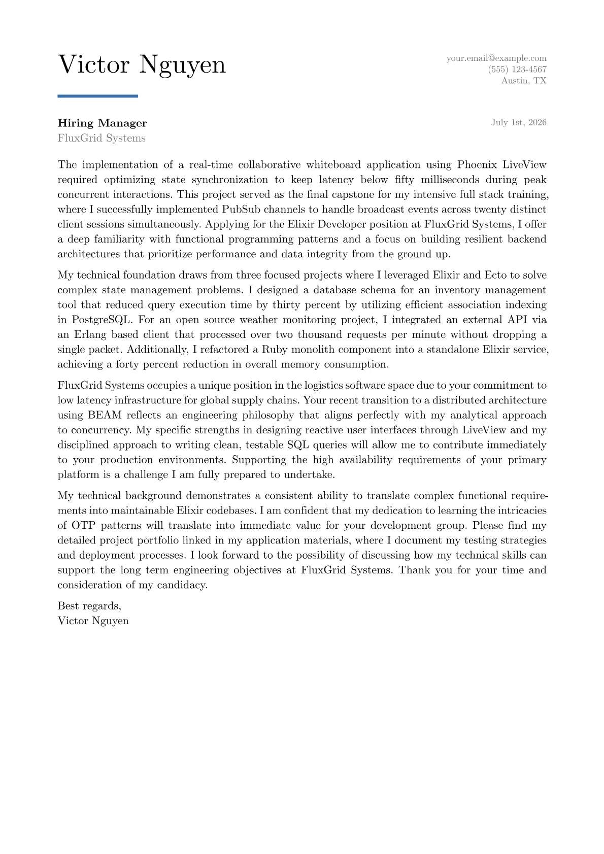 Elixir Developer cover letter in the Executive design