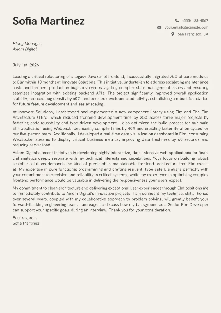 Elm Developer cover letter example