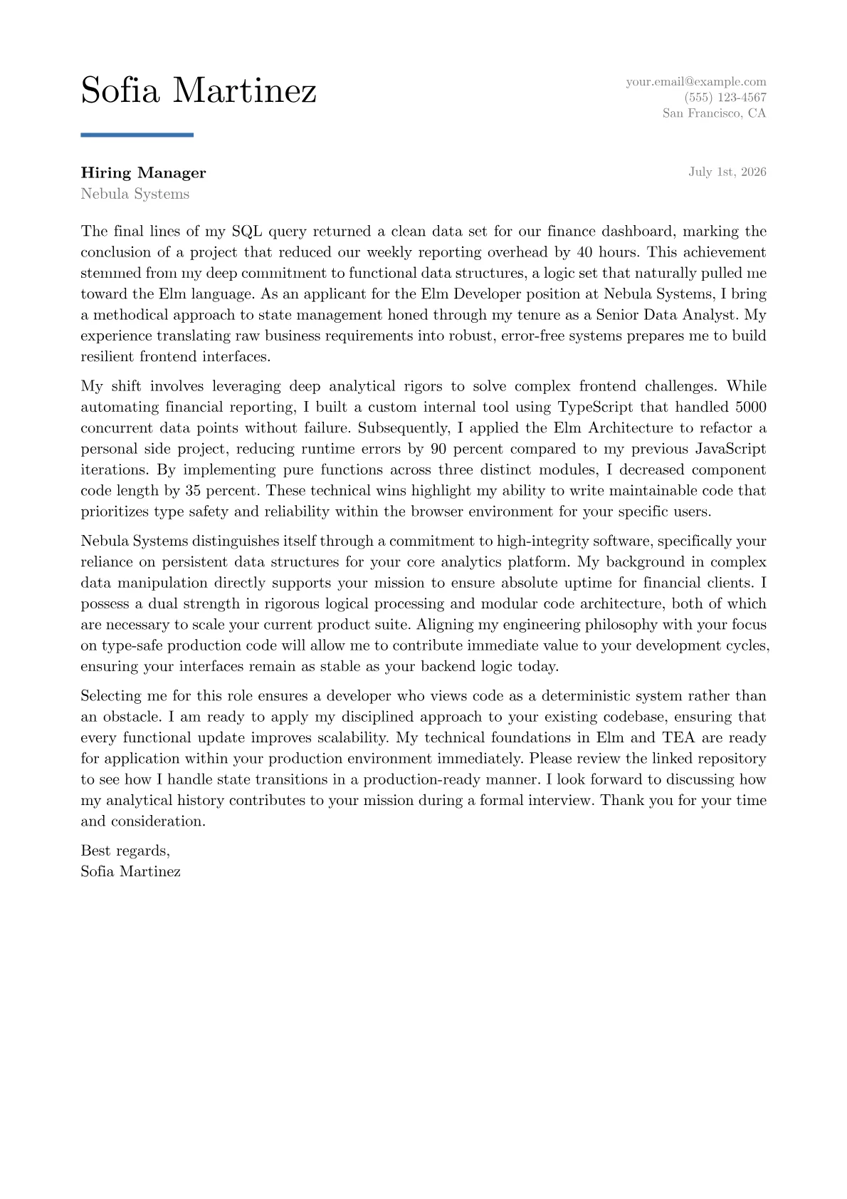 Elm Developer cover letter in the Executive design