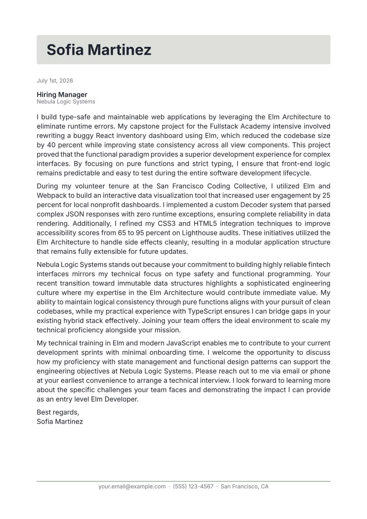 Elm Developer cover letter in the Letterhead design