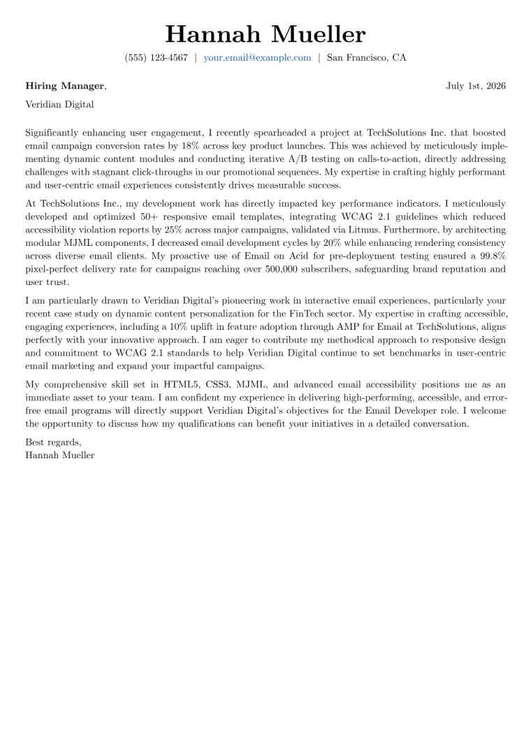 Email Developer cover letter example