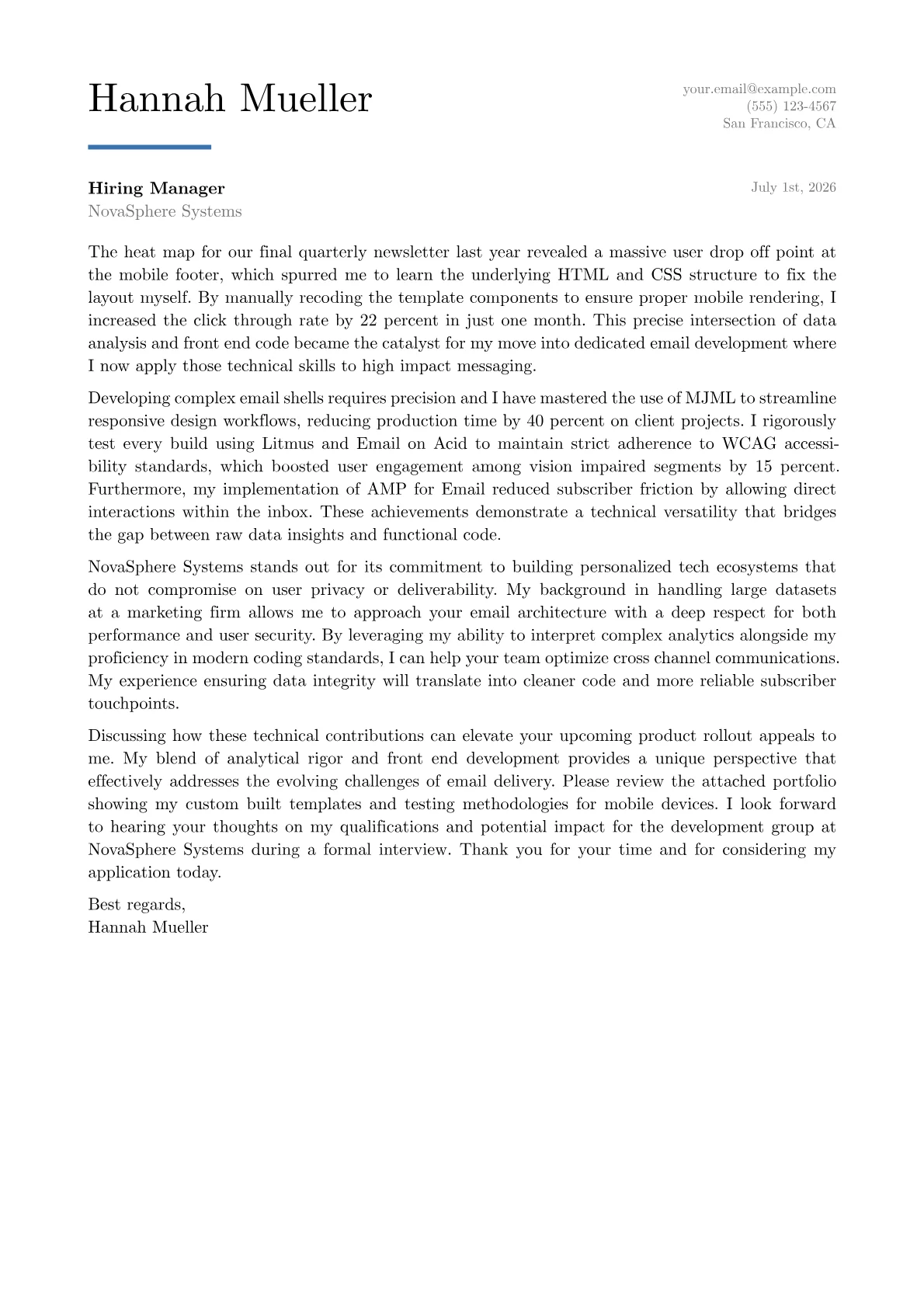 Email Developer cover letter in the Executive design
