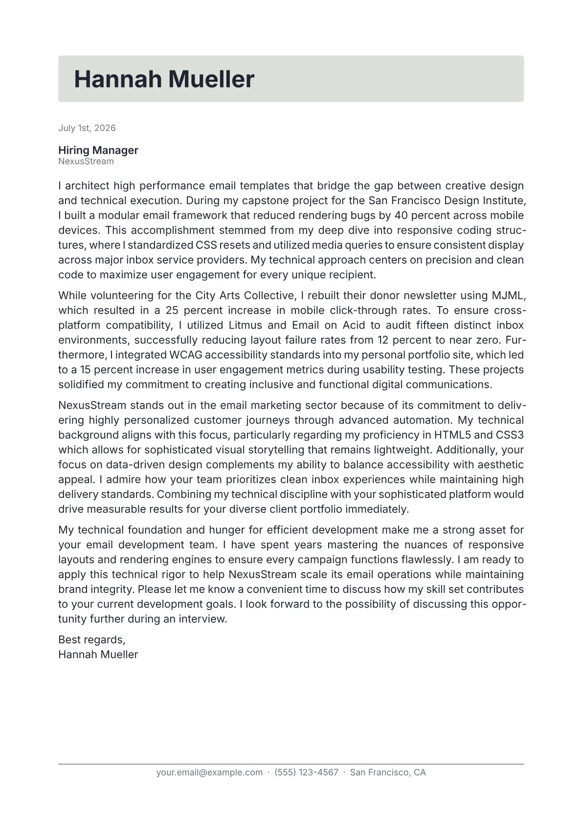 Email Developer cover letter in the Letterhead design