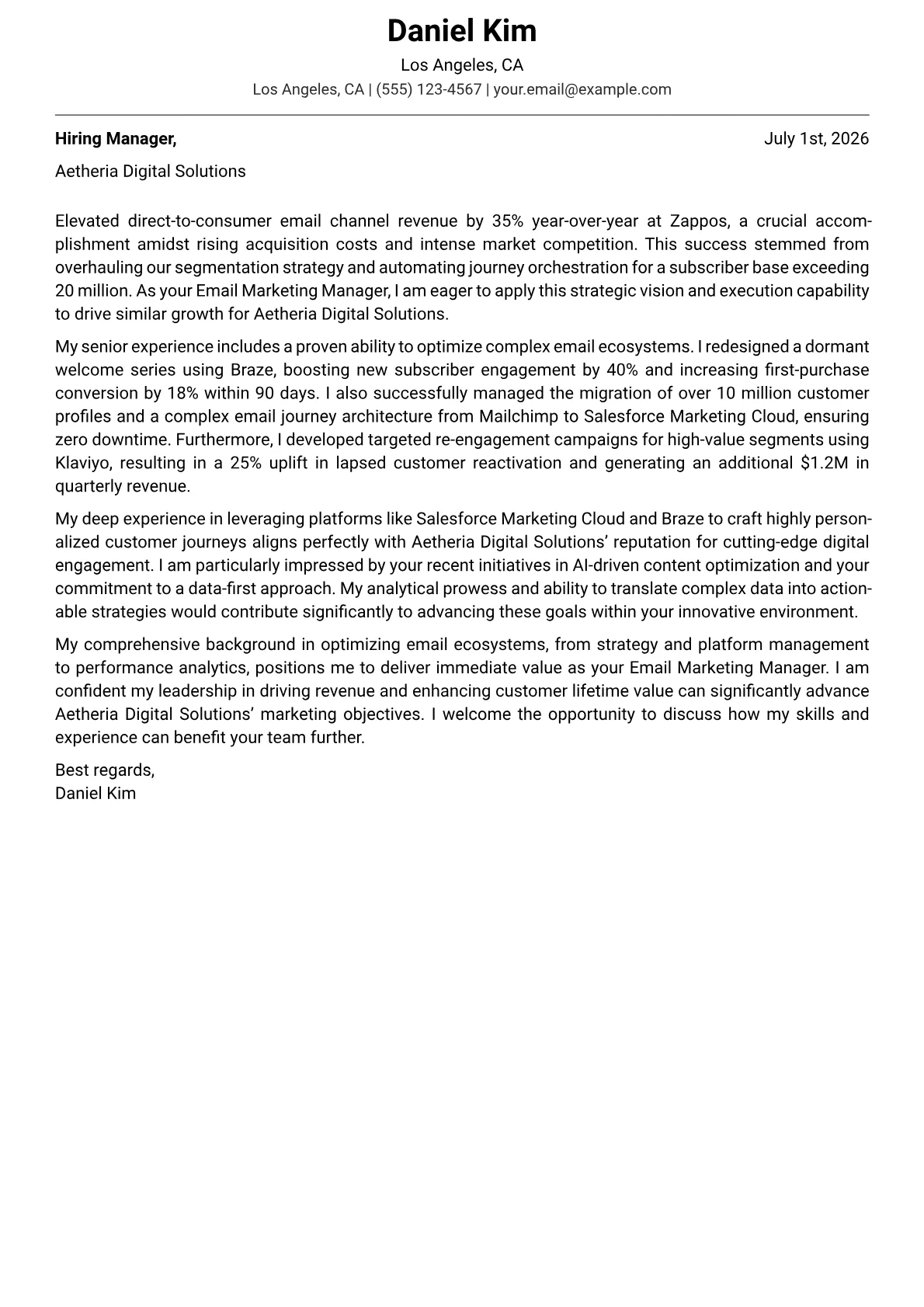 Email Marketing Manager cover letter formatted with a JobSprout template