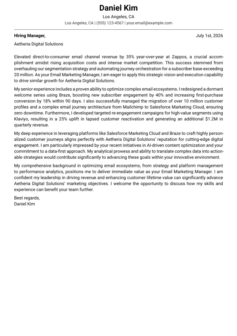 Email Marketing Manager cover letter example preview