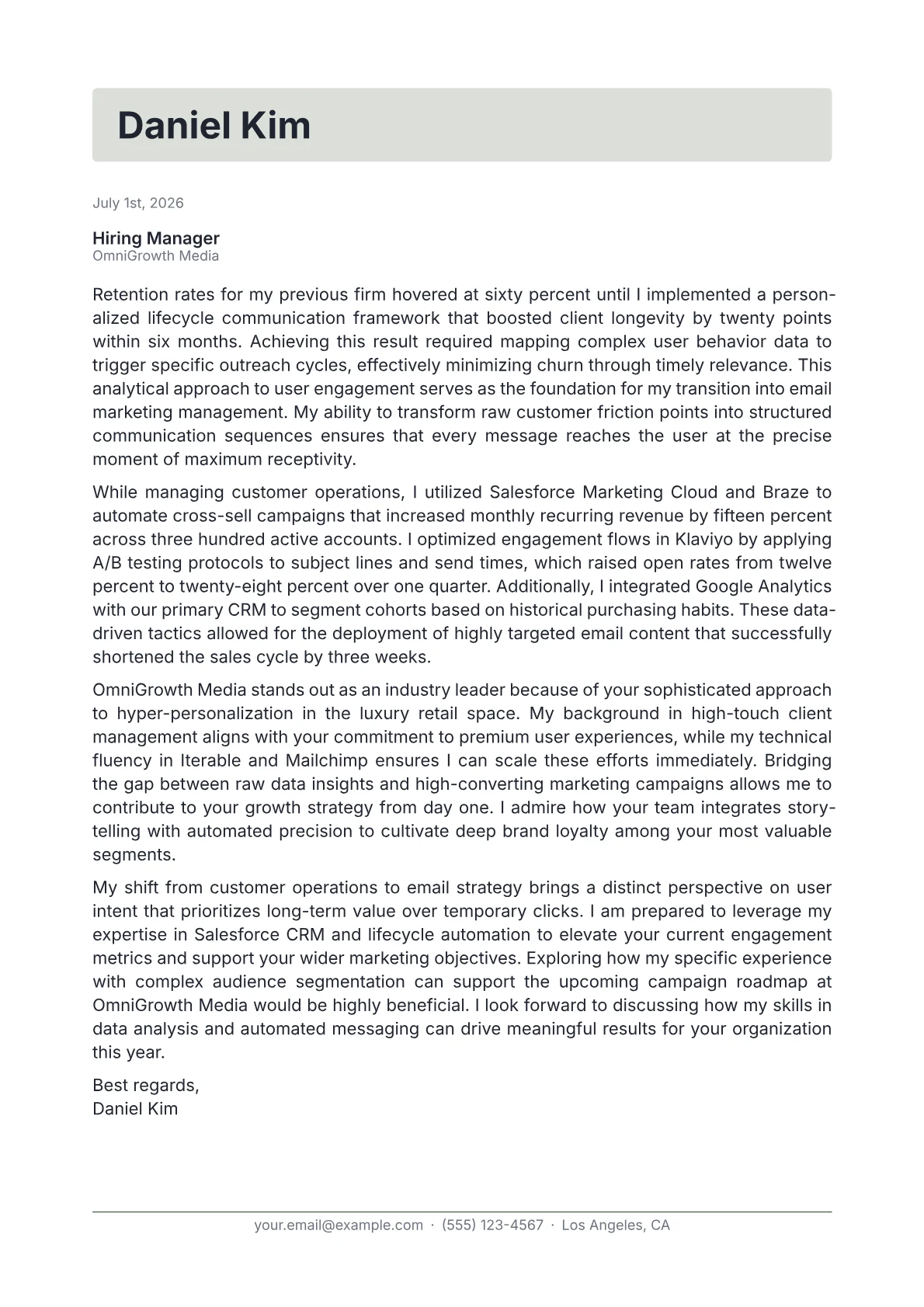 Email Marketing Manager cover letter in the Letterhead design