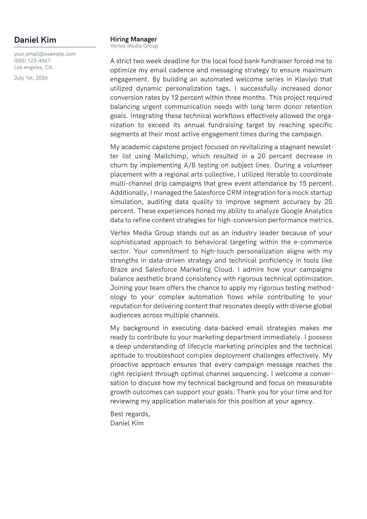 Email Marketing Manager cover letter in the Margin design