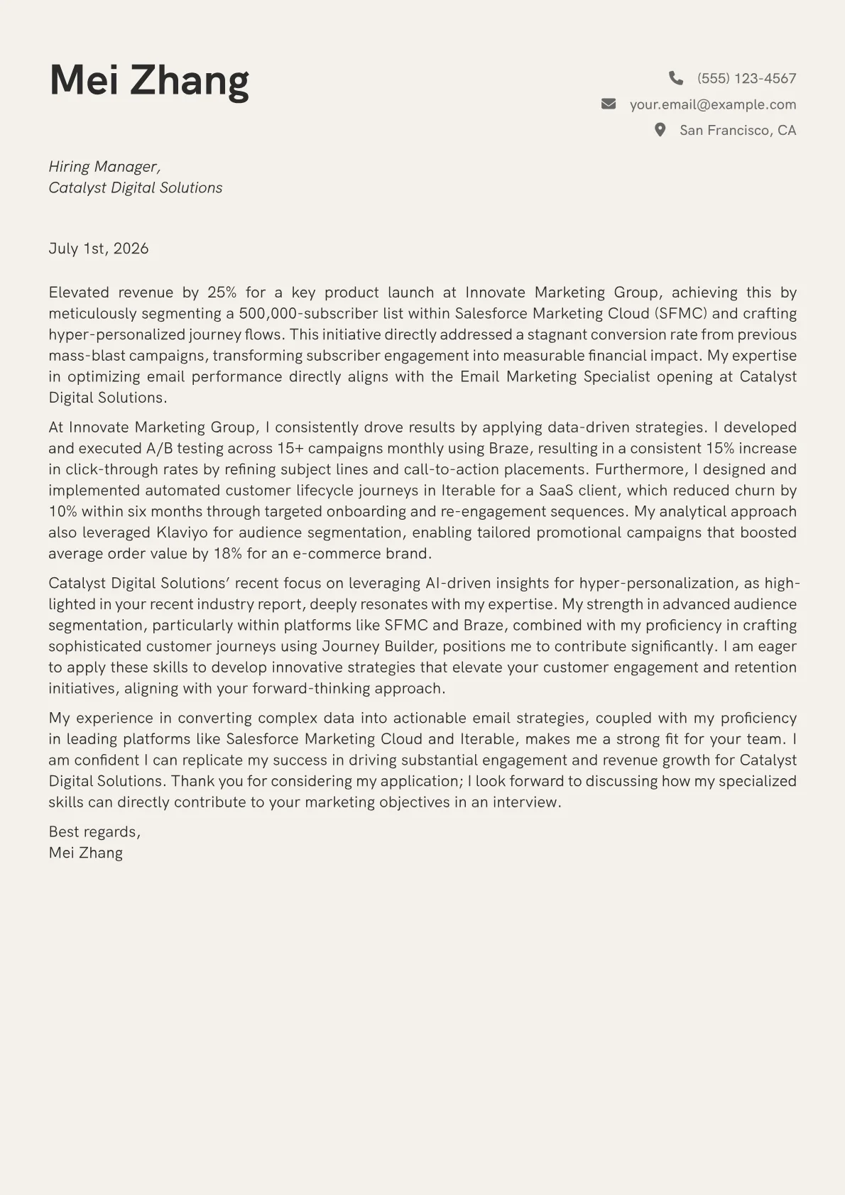 Email Marketing Specialist cover letter formatted with a JobSprout template