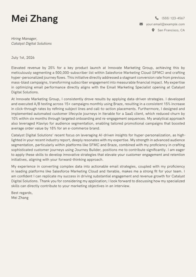 Email Marketing Specialist cover letter example preview
