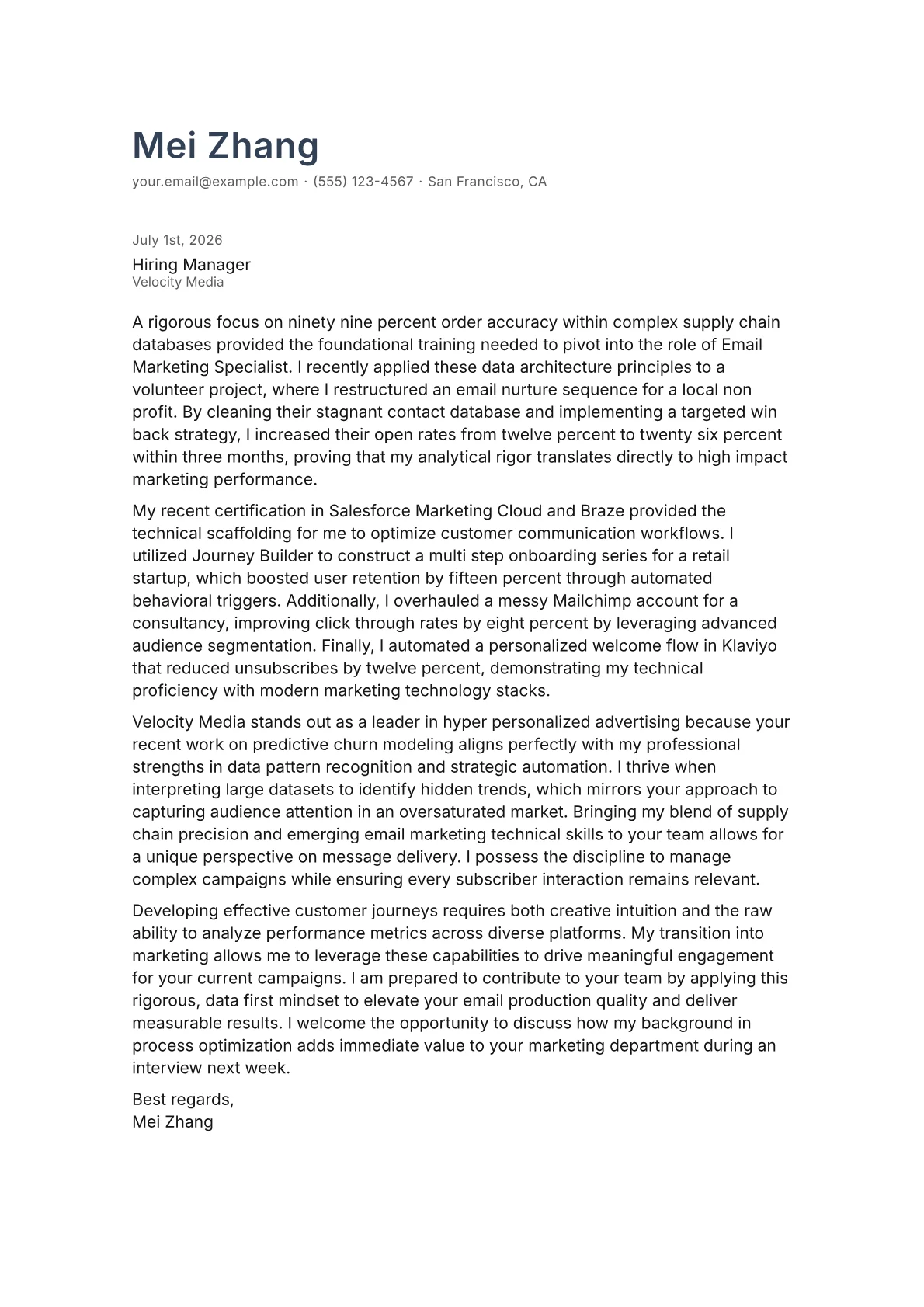 Email Marketing Specialist cover letter in the Minimal design