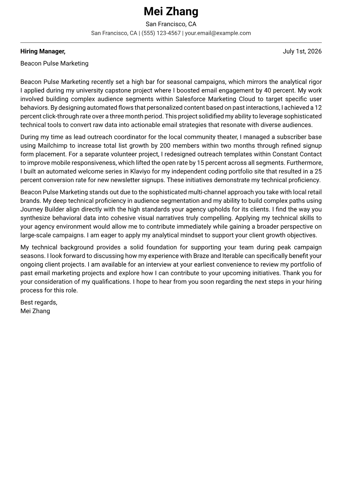 Email Marketing Specialist cover letter in the Modern design