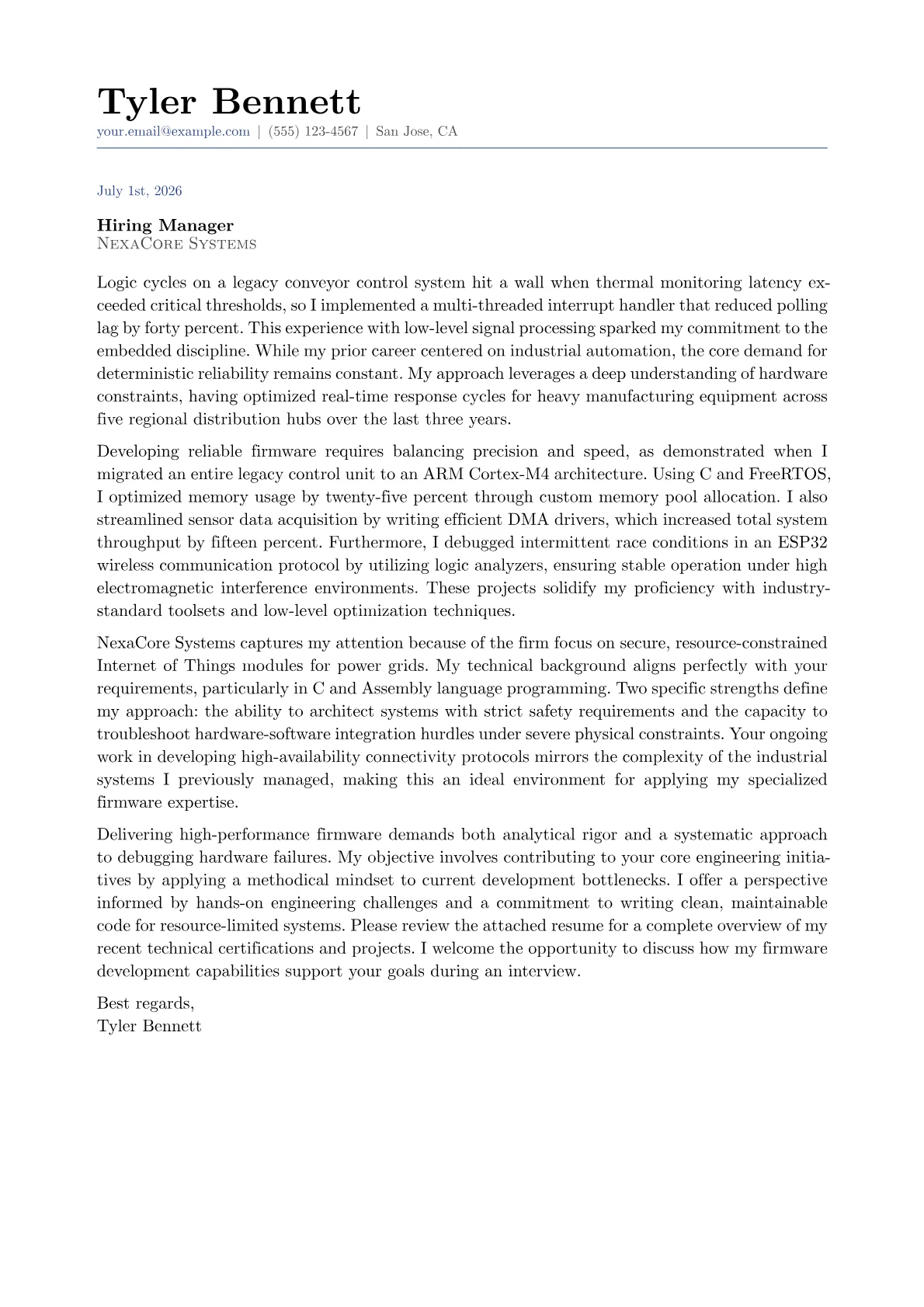 Embedded Engineer cover letter in the Classic design