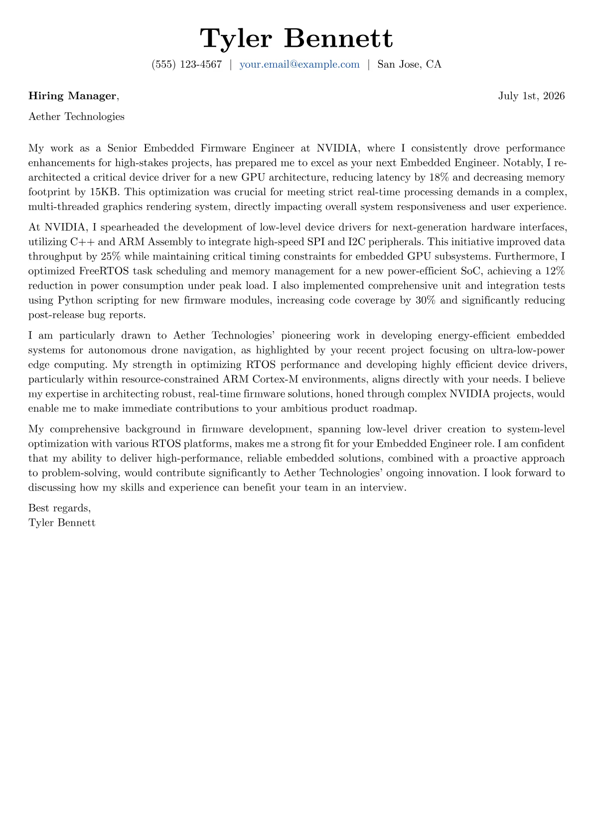 Embedded Engineer cover letter formatted with a JobSprout template