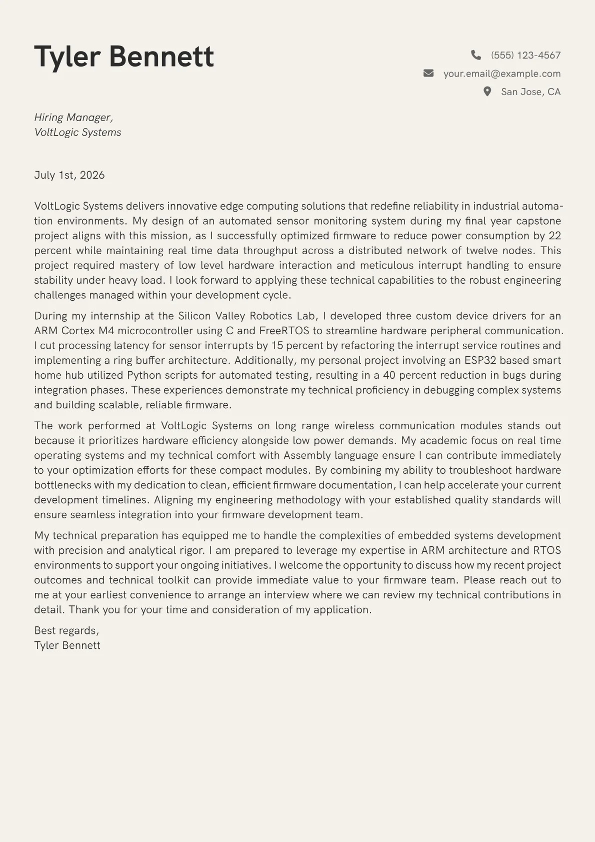Embedded Engineer cover letter in the Creative design