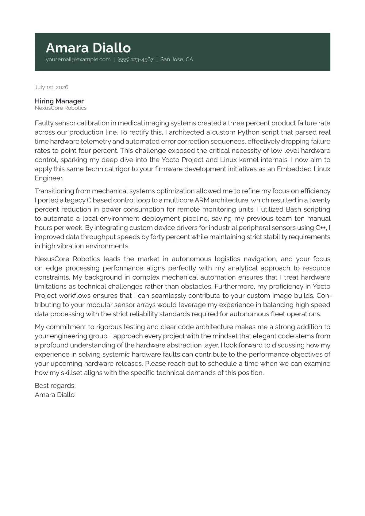 Embedded Linux Engineer cover letter in the Banner design