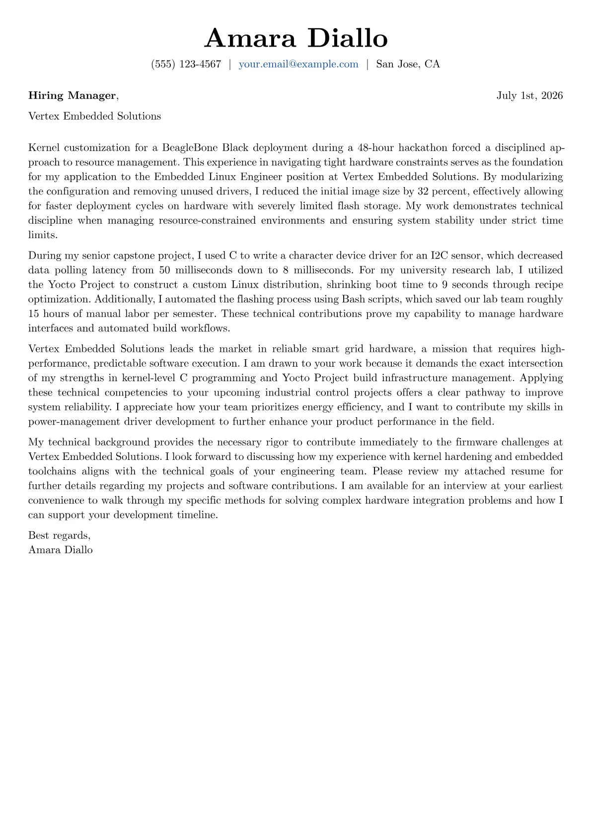Embedded Linux Engineer cover letter in the Basic design