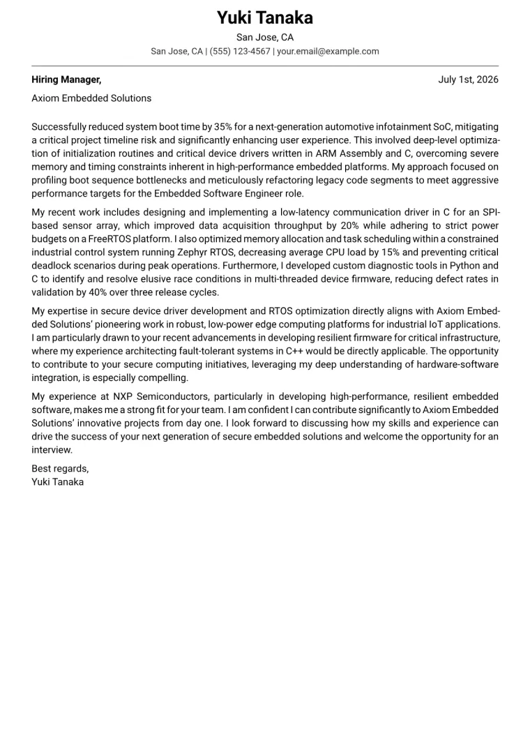 Embedded Software Engineer Cover Letter Example