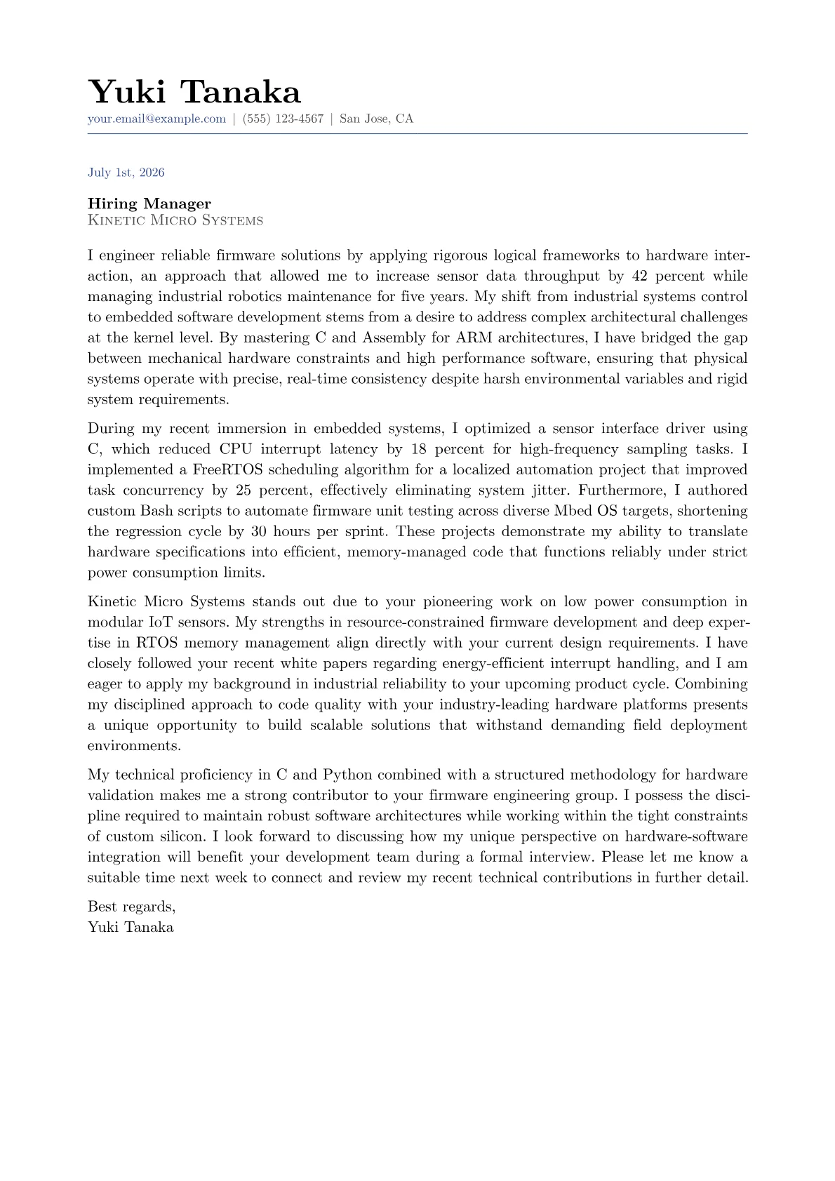 Embedded Software Engineer cover letter in the Classic design