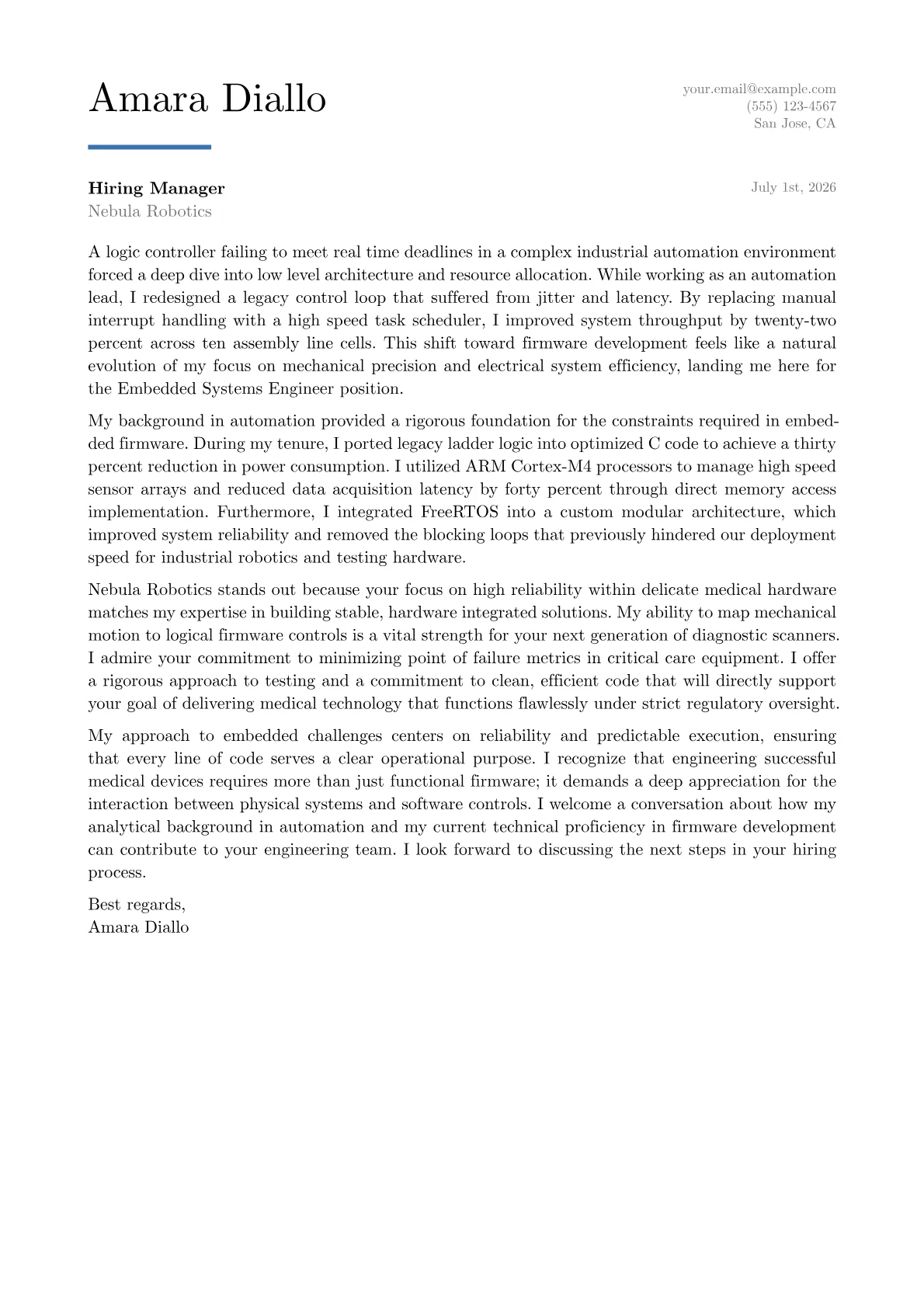 Embedded Systems Engineer cover letter in the Executive design