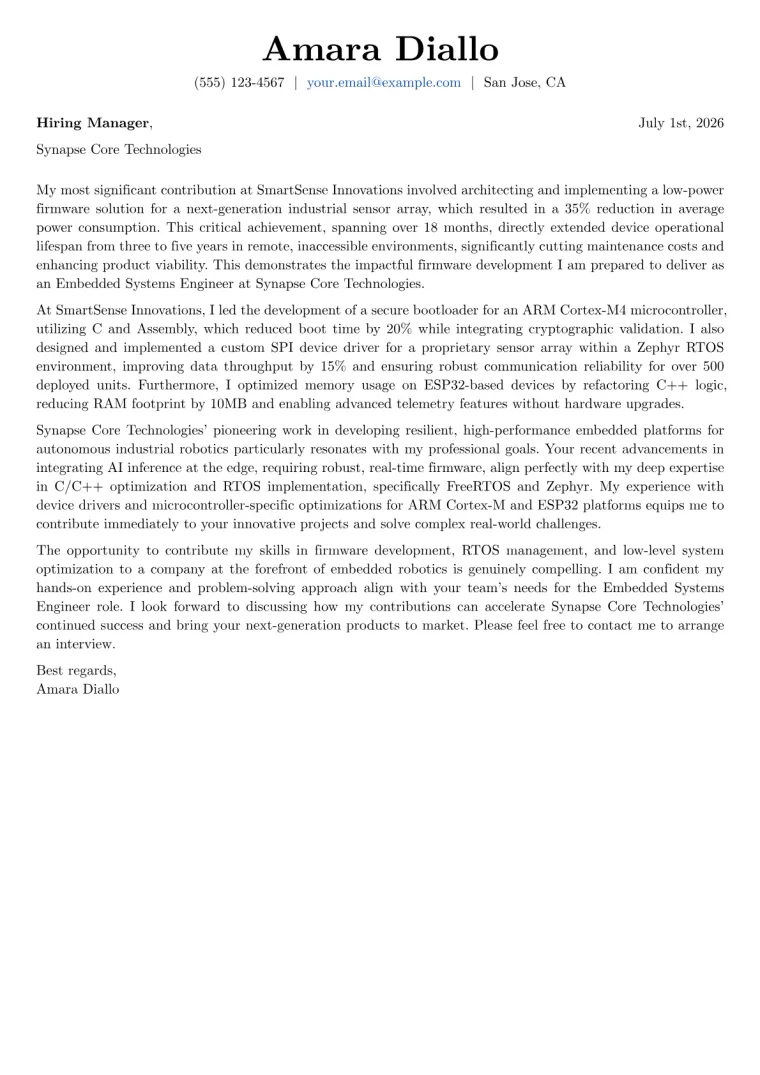 Embedded Systems Engineer cover letter example preview