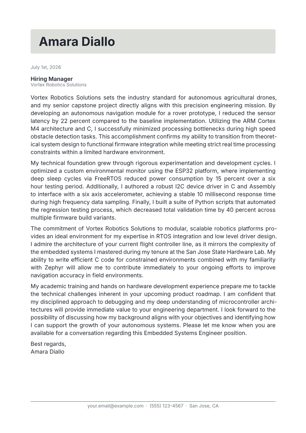 Embedded Systems Engineer cover letter in the Letterhead design