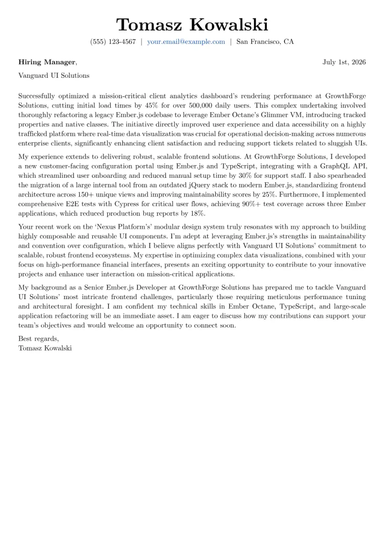 Ember.js Developer cover letter example preview