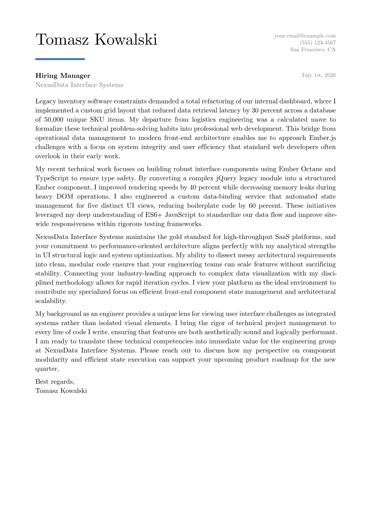 Ember.js Developer cover letter in the Executive design