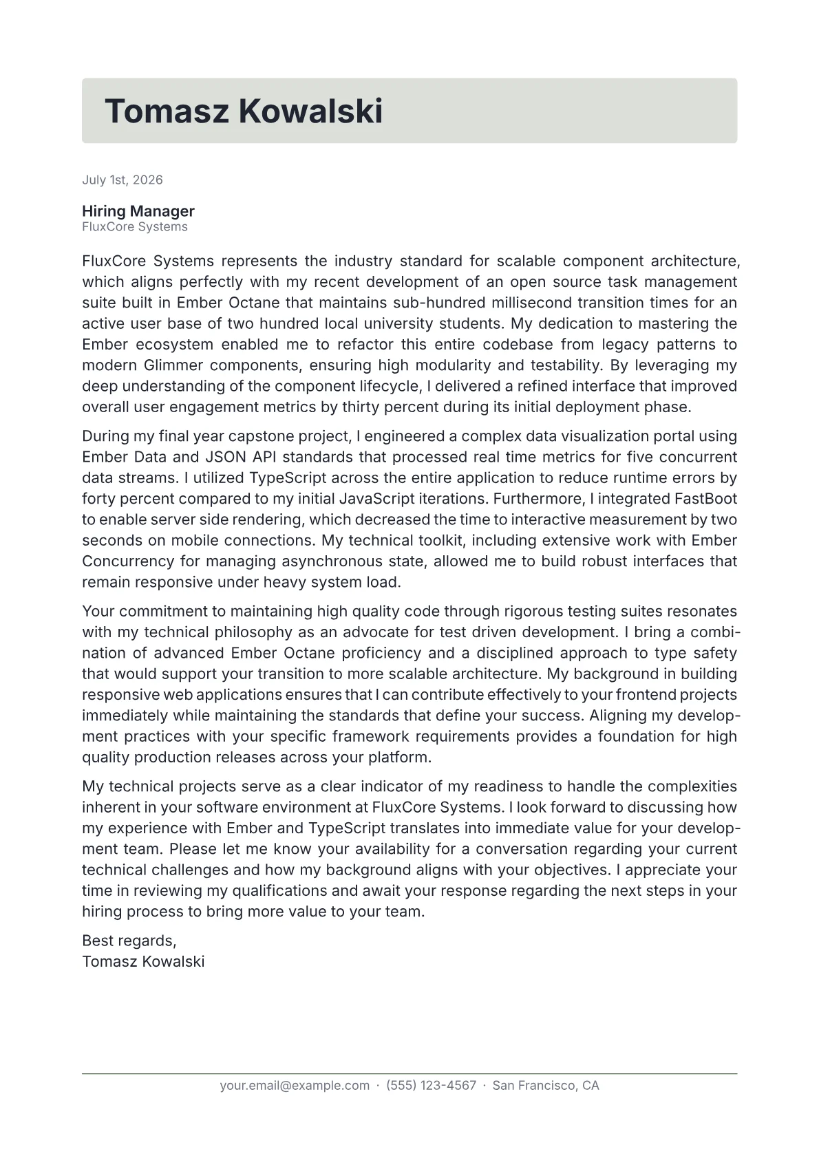 Ember.js Developer cover letter in the Letterhead design