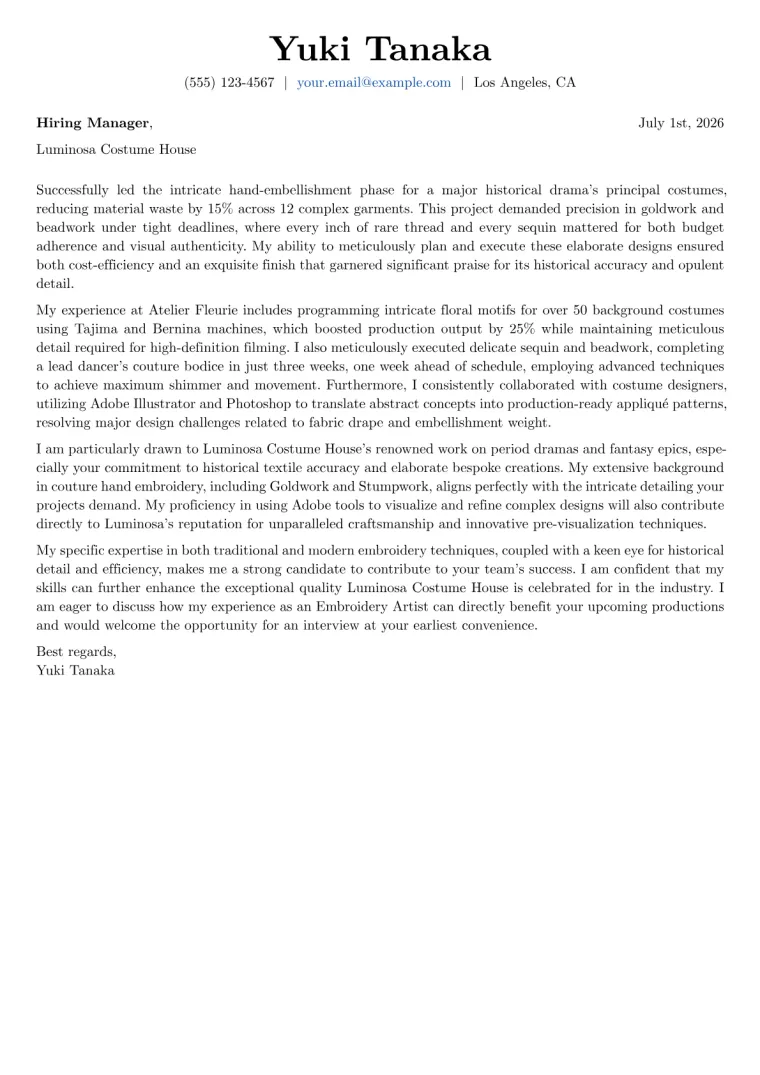 Embroidery Artist cover letter example