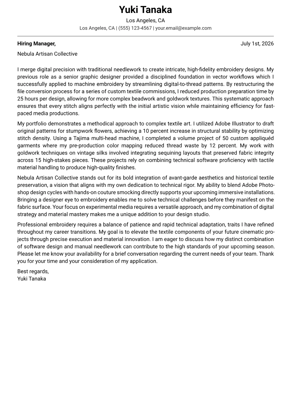 Embroidery Artist cover letter in the Modern design