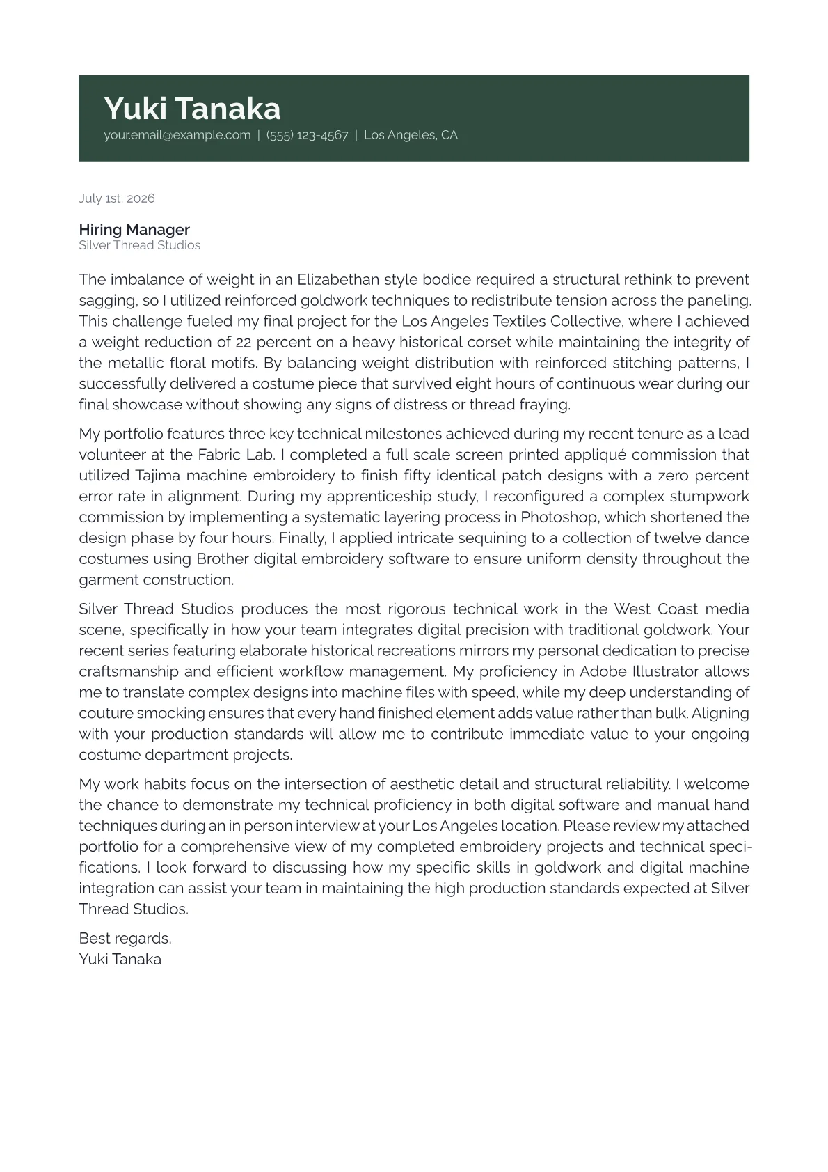 Embroidery Artist cover letter in the Banner design
