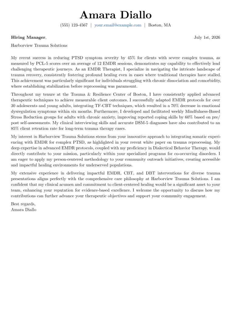 EMDR Therapist cover letter example preview