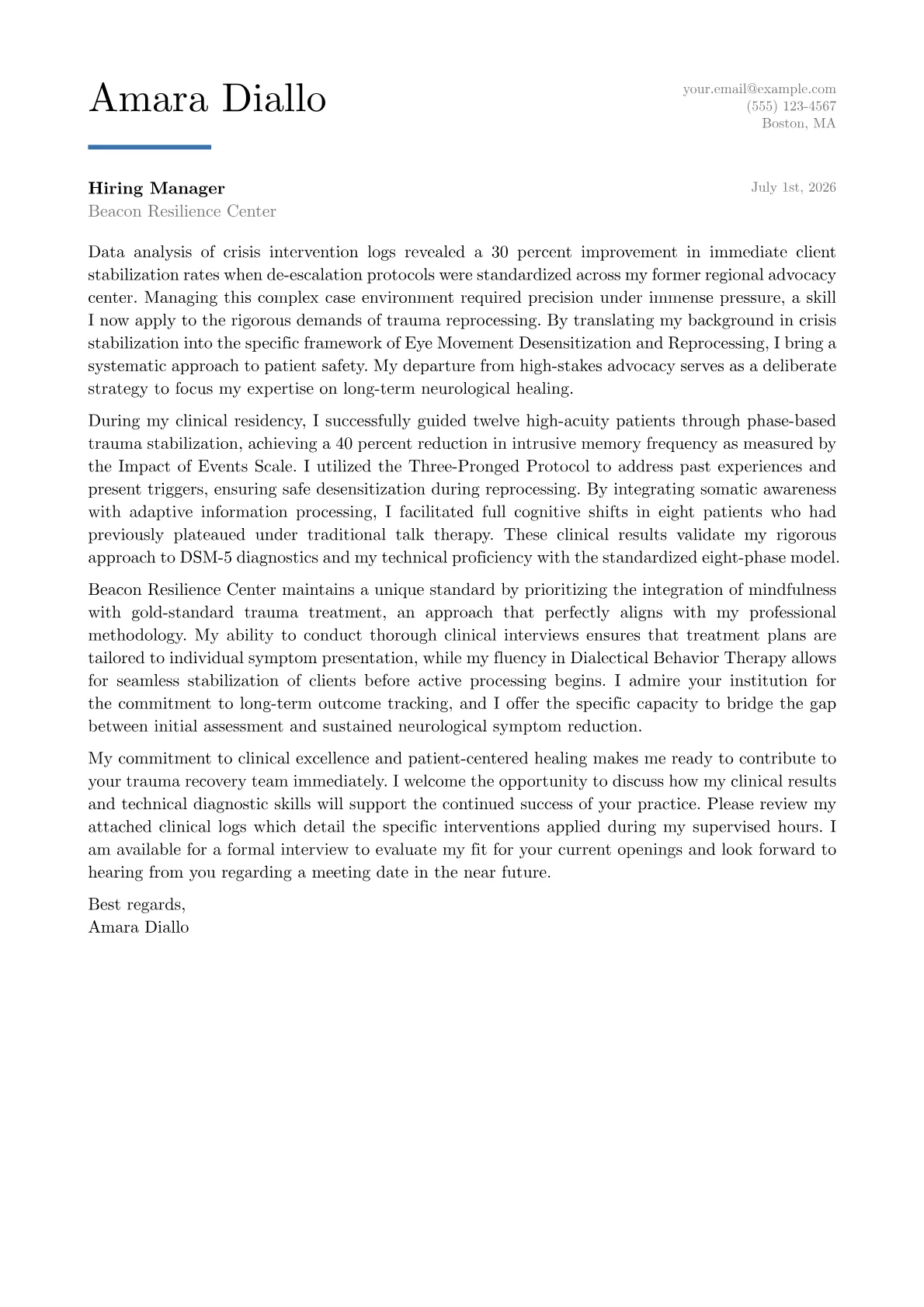 EMDR Therapist cover letter in the Executive design