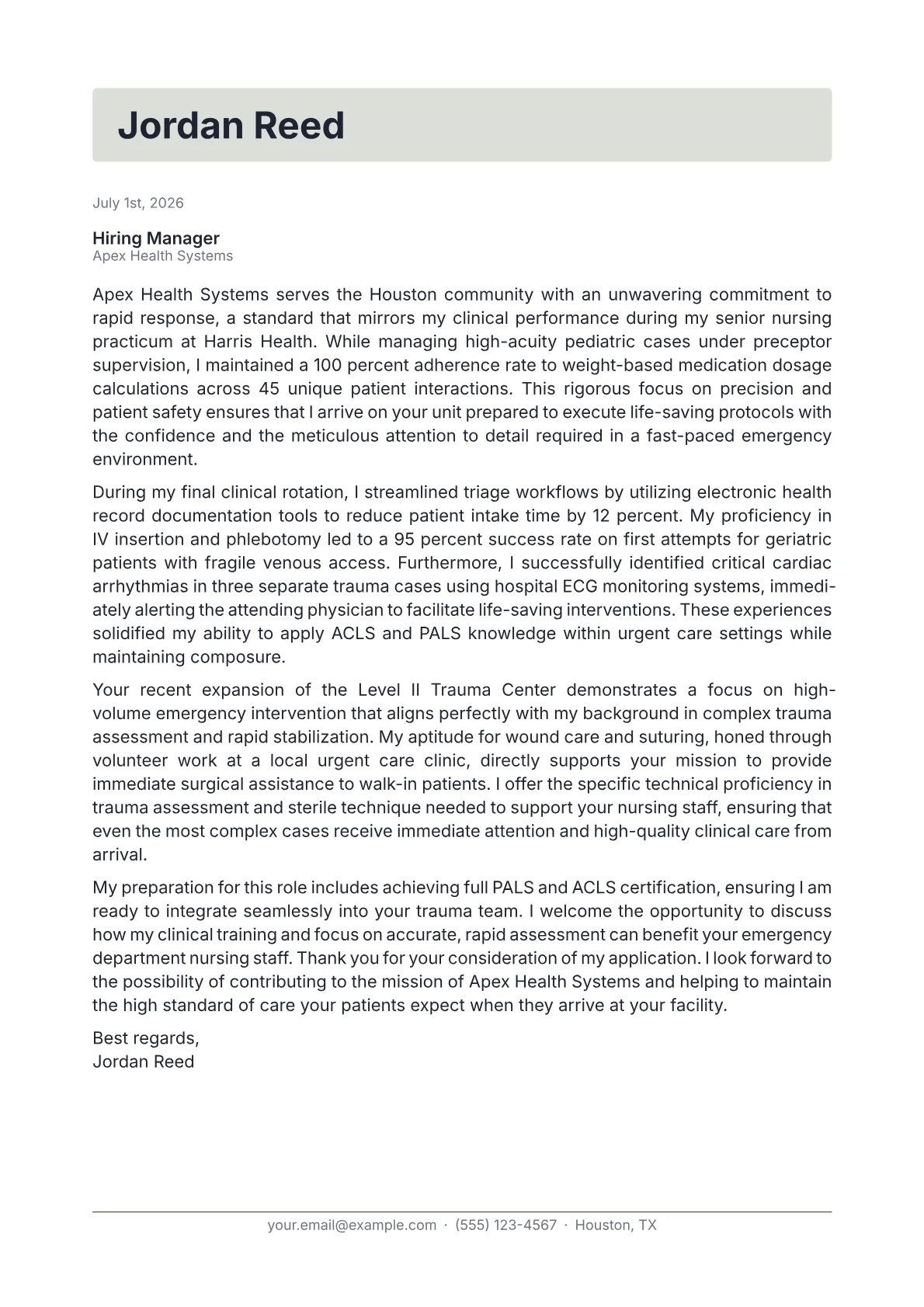 Emergency Department Nurse cover letter in the Letterhead design