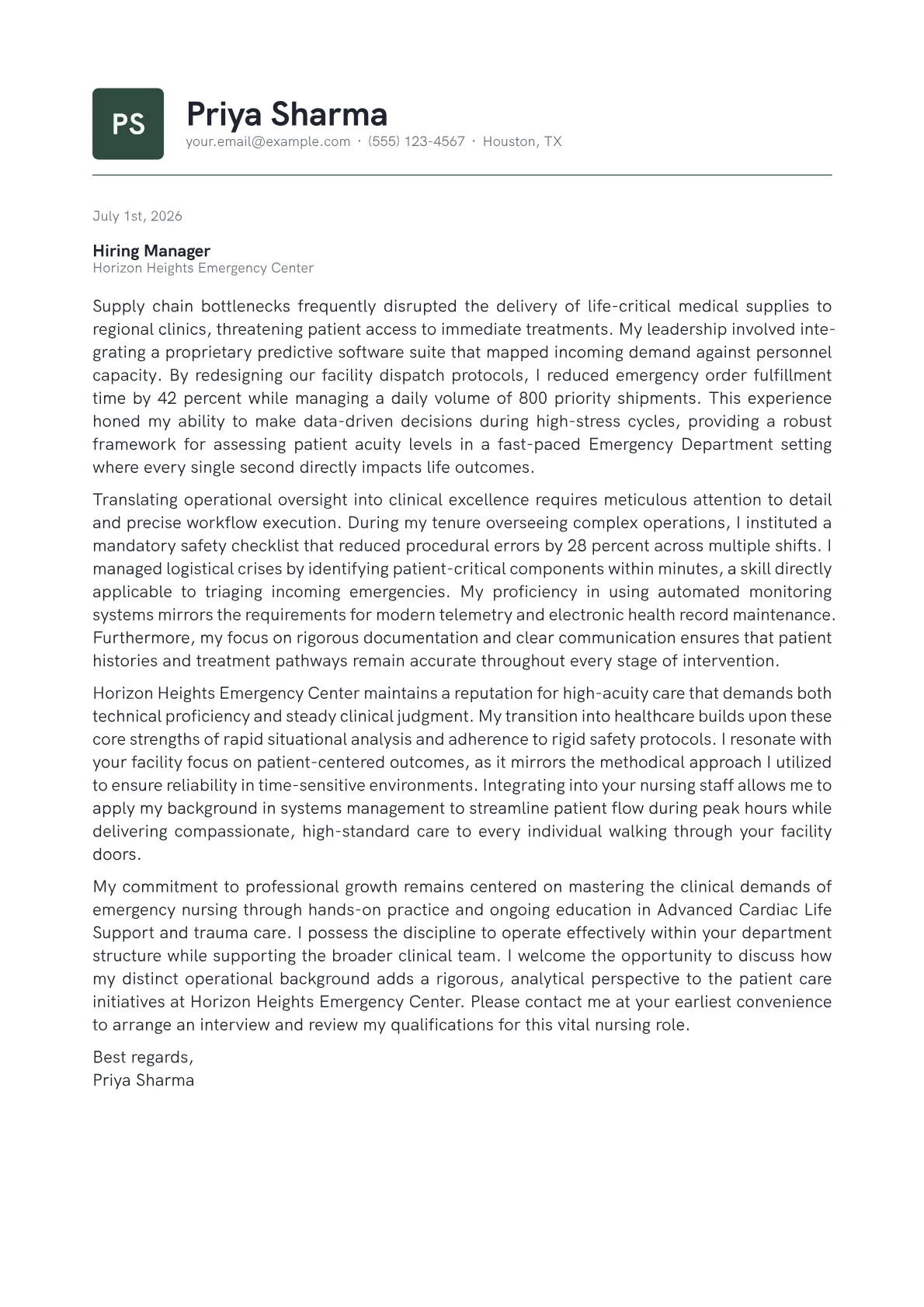 Emergency Department Registered Nurse cover letter in the Emblem design