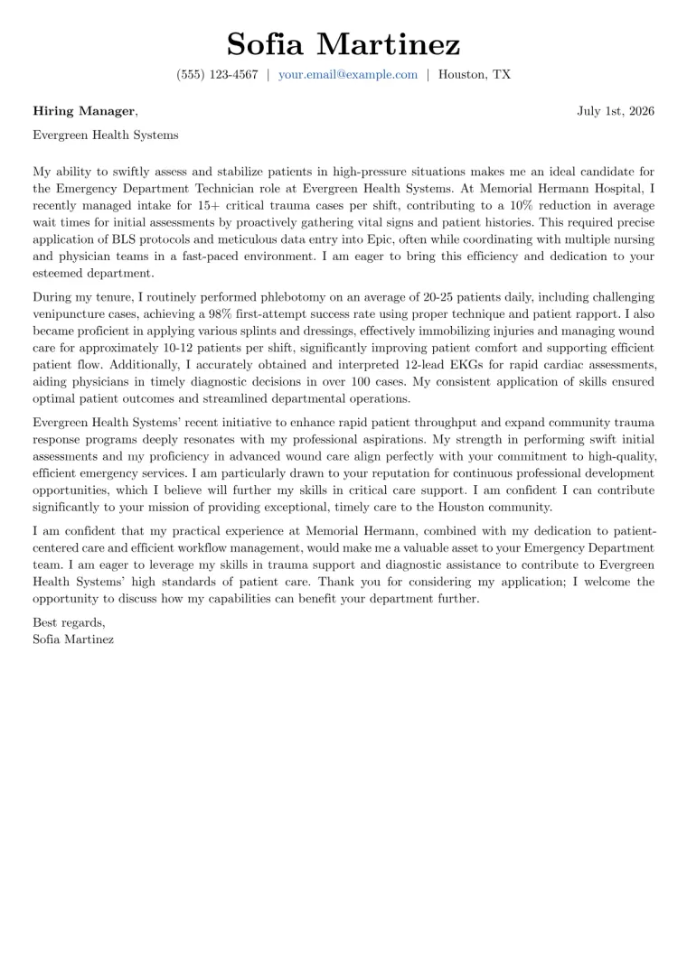 Emergency Department Technician Cover Letter Example