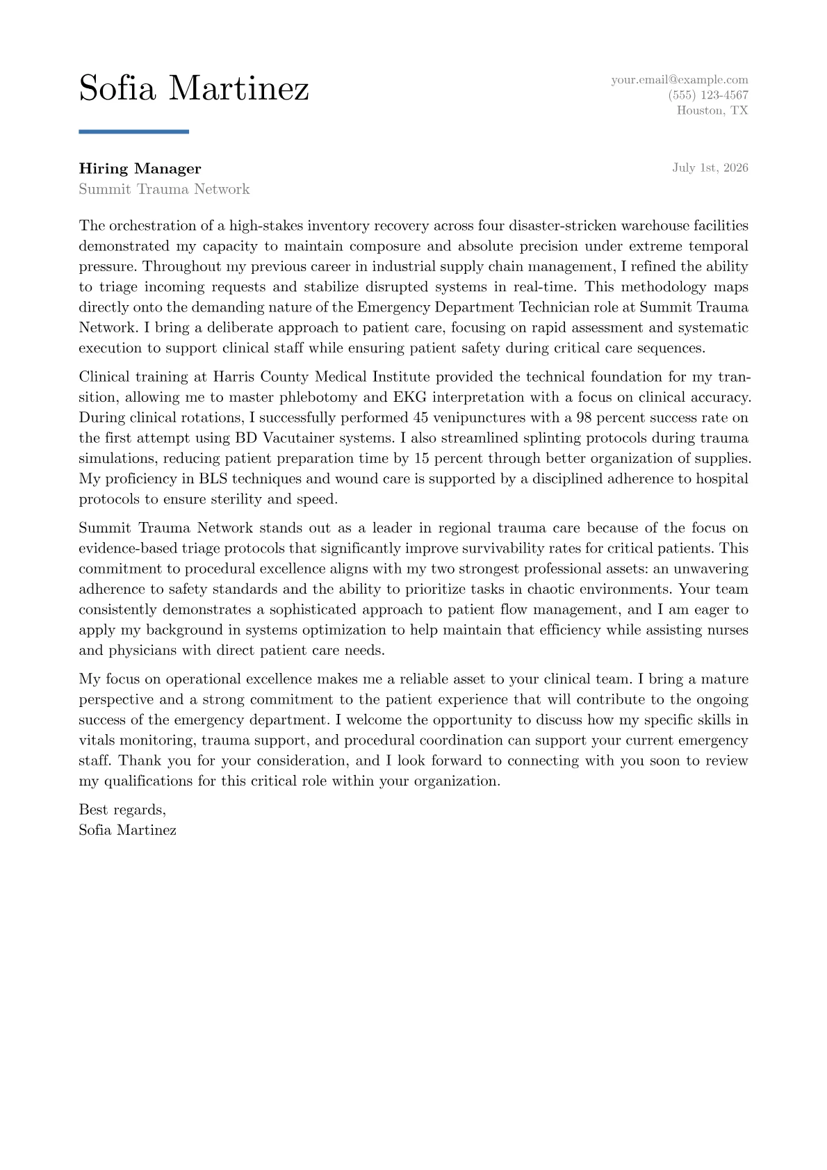 Emergency Department Technician cover letter in the Executive design