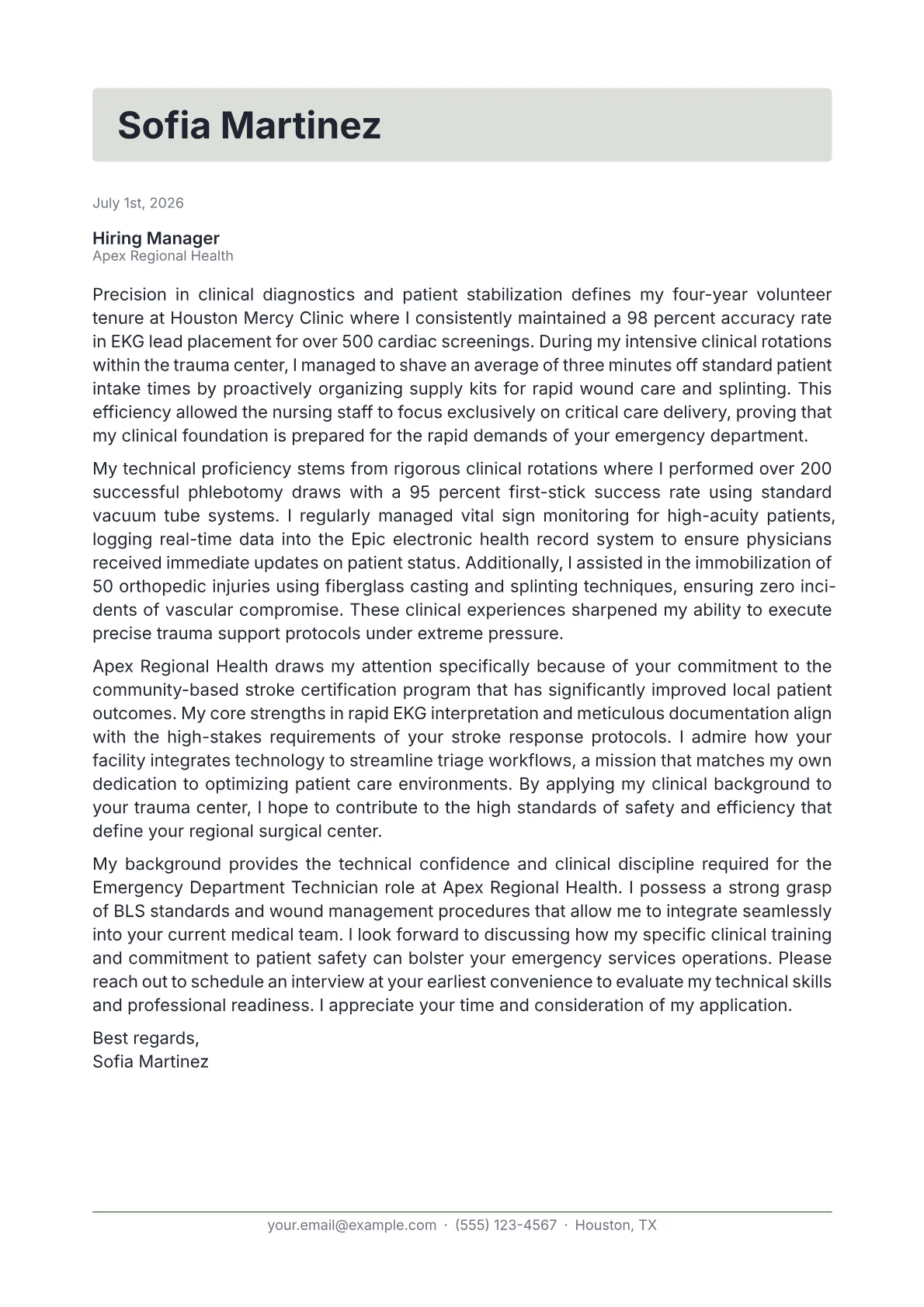 Emergency Department Technician cover letter in the Letterhead design