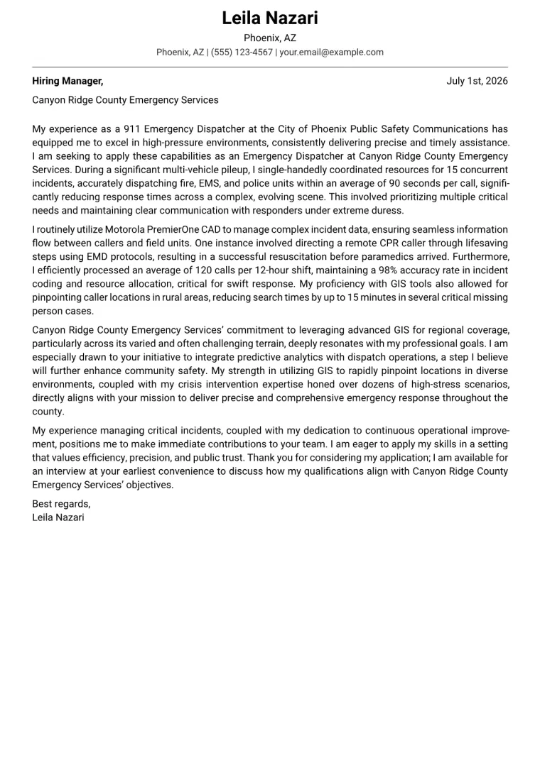 Emergency Dispatcher cover letter example preview