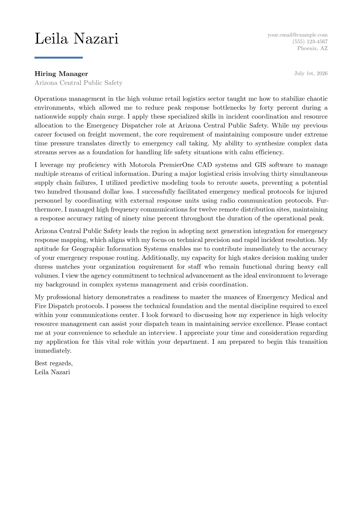 Emergency Dispatcher cover letter in the Executive design