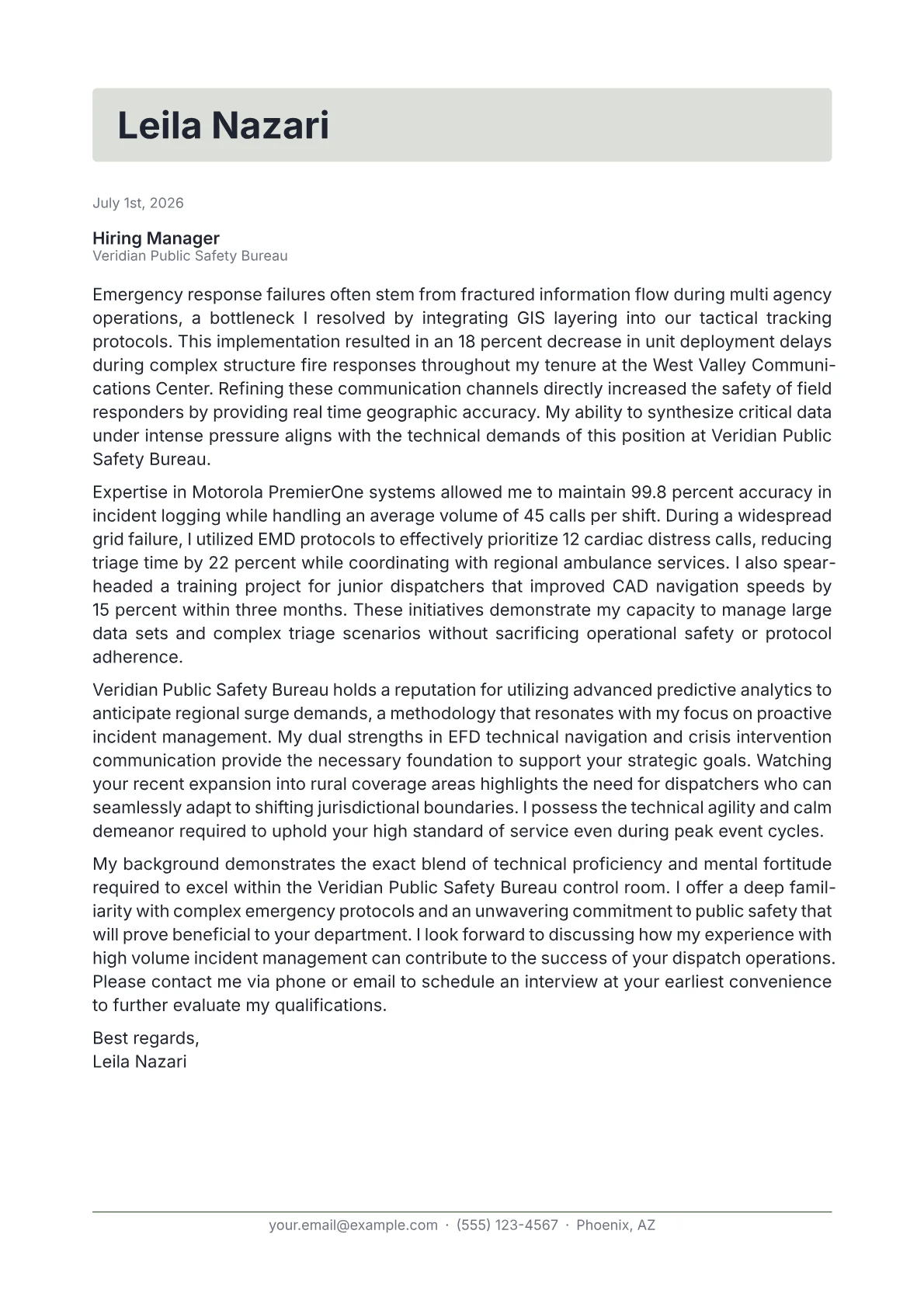 Emergency Dispatcher cover letter in the Letterhead design