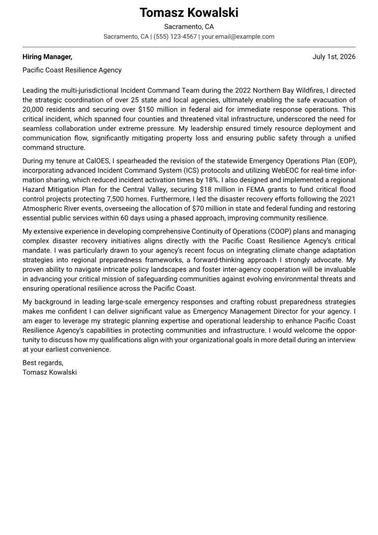 Emergency Management Director cover letter example