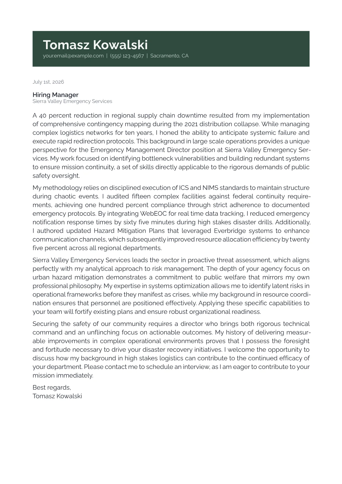 Emergency Management Director cover letter in the Banner design
