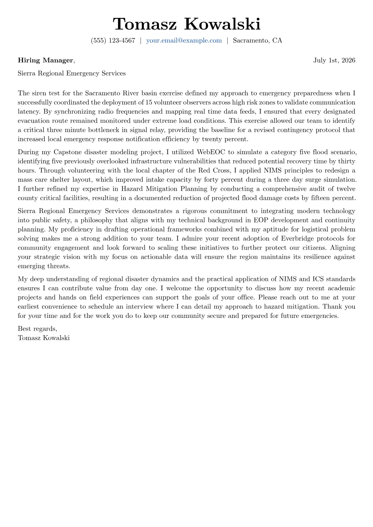 Emergency Management Director cover letter in the Basic design