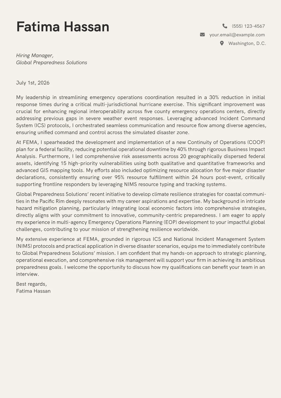 Emergency Management Specialist cover letter formatted with a JobSprout template