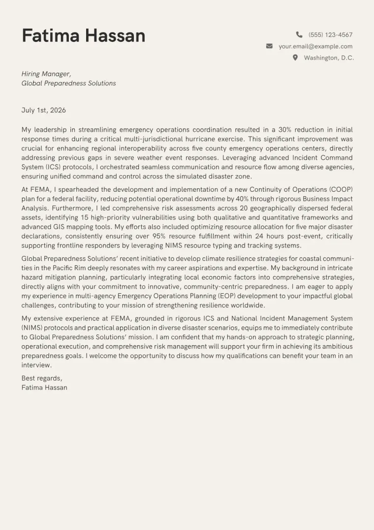 Emergency Management Specialist cover letter example preview