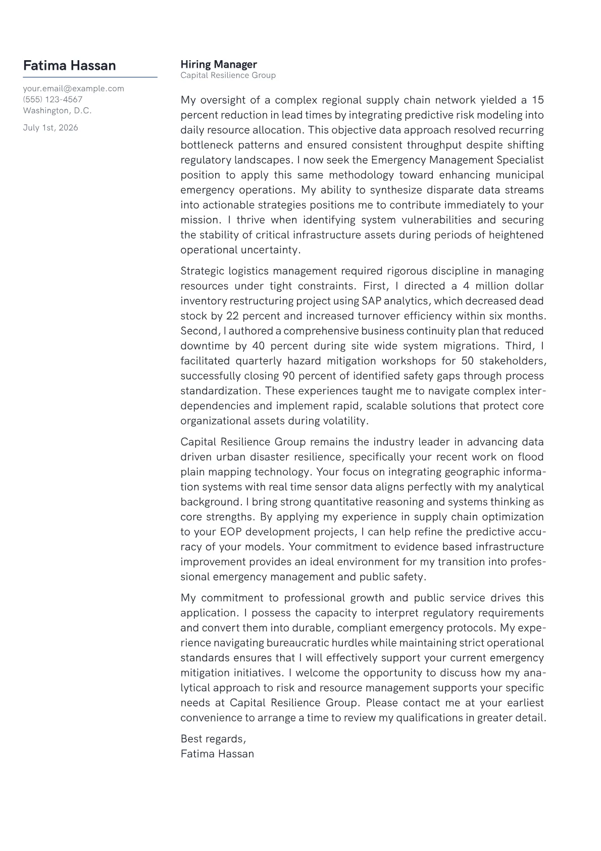 Emergency Management Specialist cover letter in the Margin design