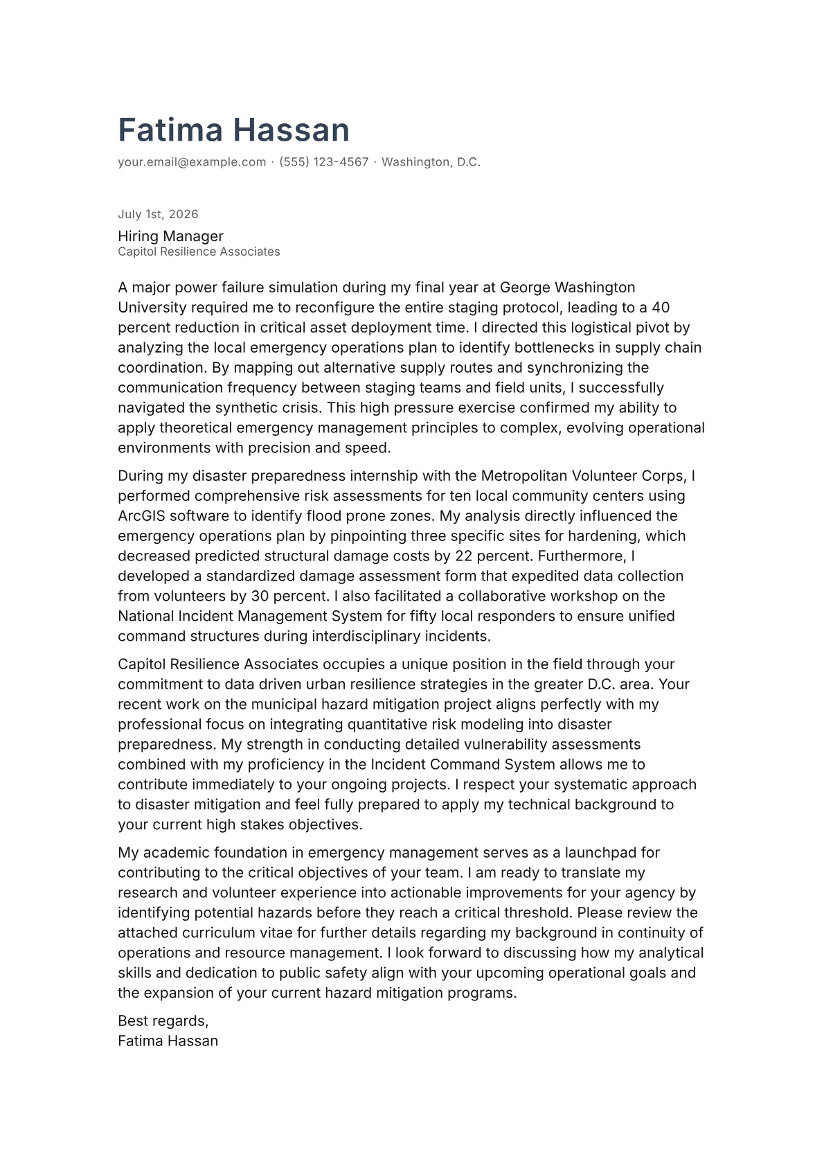 Emergency Management Specialist cover letter in the Minimal design