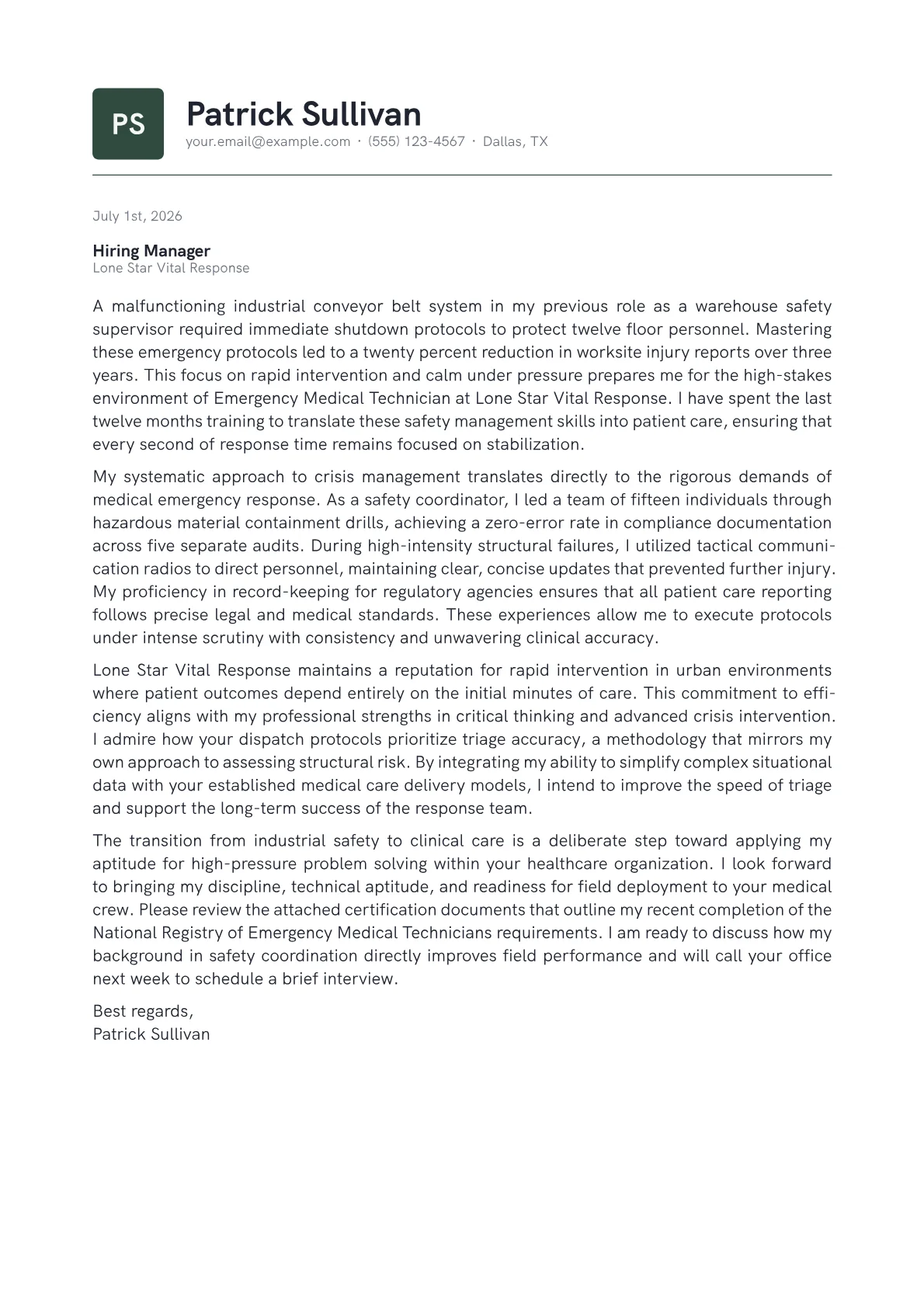 Emergency Medical Technician cover letter in the Emblem design