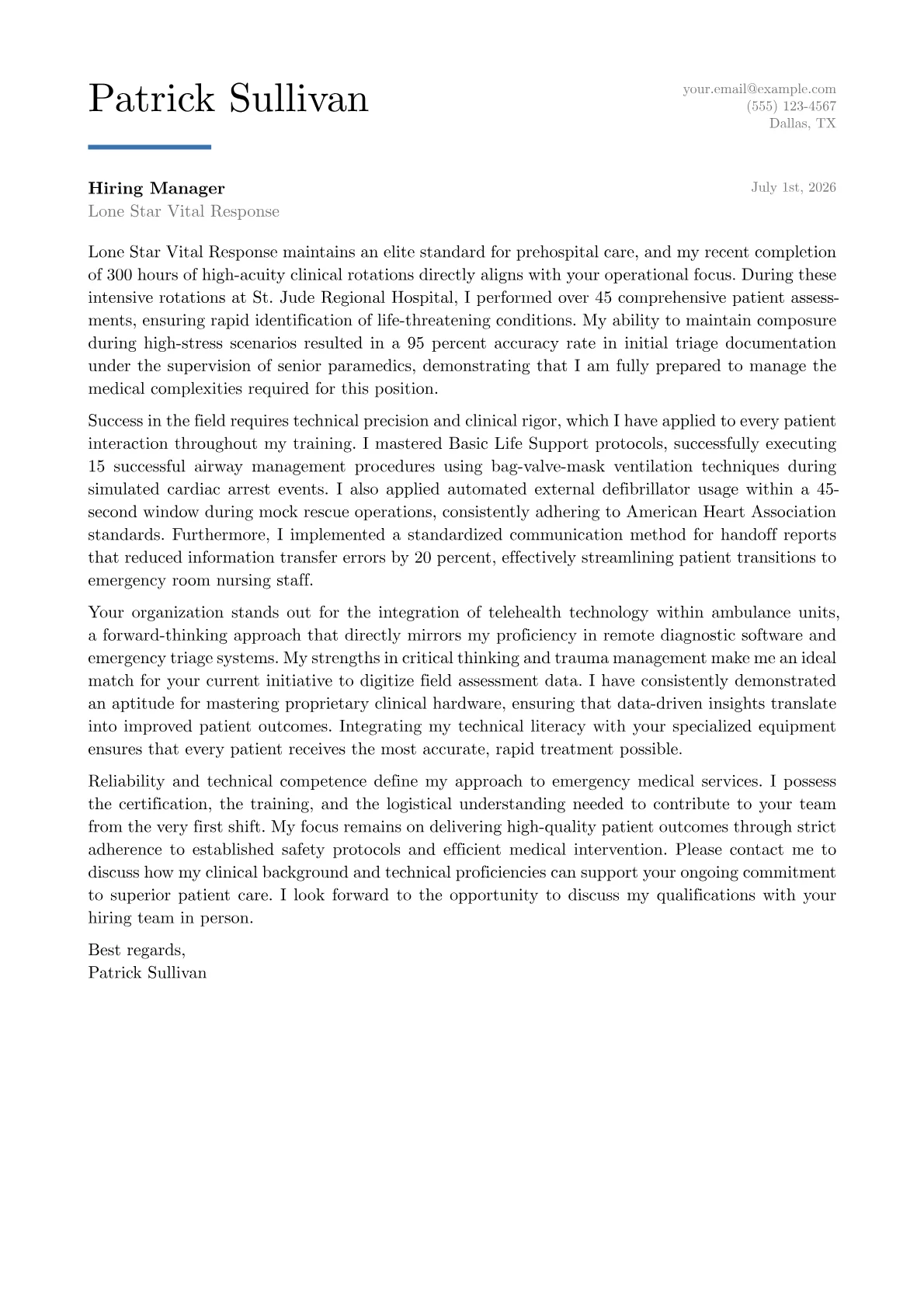 Emergency Medical Technician cover letter in the Executive design